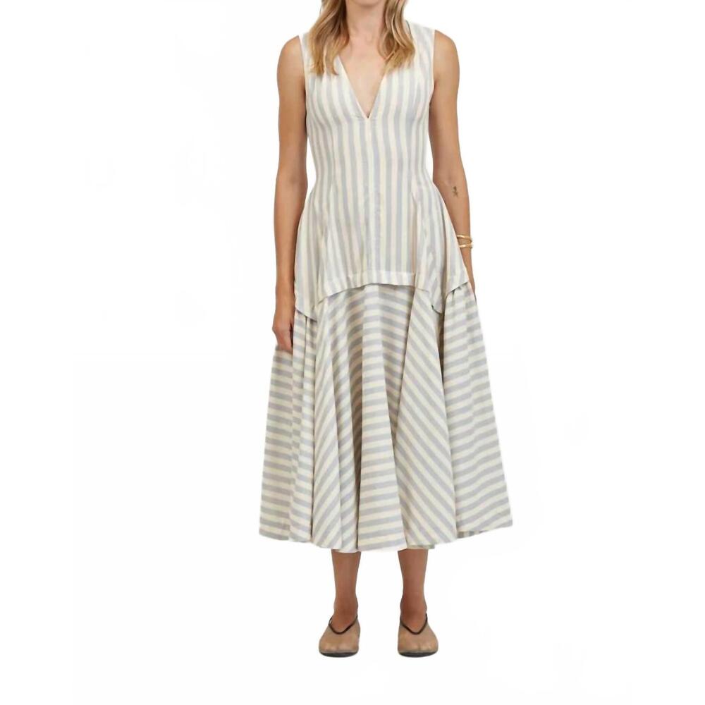 NEW A.REN loire striped structured dress in dusty blue
